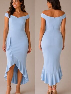 Knitee NWT Off-Shoulder Light Blue Ruffle-Hem Midi Dress